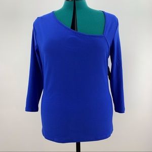 AUW NWT Blue Asymmetrical Neck 3/4 sleeve Top, Medium
